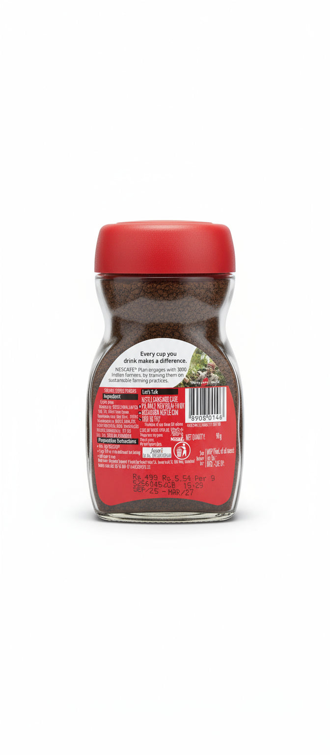Back view of Nescafe Classic 90g coffee jar with red lid and label showing product details