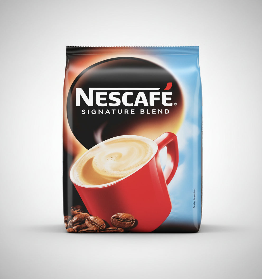 Nescafe Signature Blend vending coffee pack with a red cup of frothy coffee and coffee beans