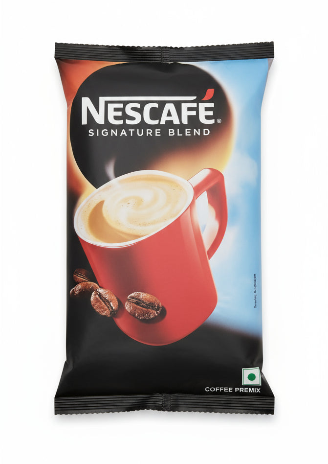 Nescafe Signature Blend vending coffee premix pack featuring a red cup with frothy coffee and coffee beans