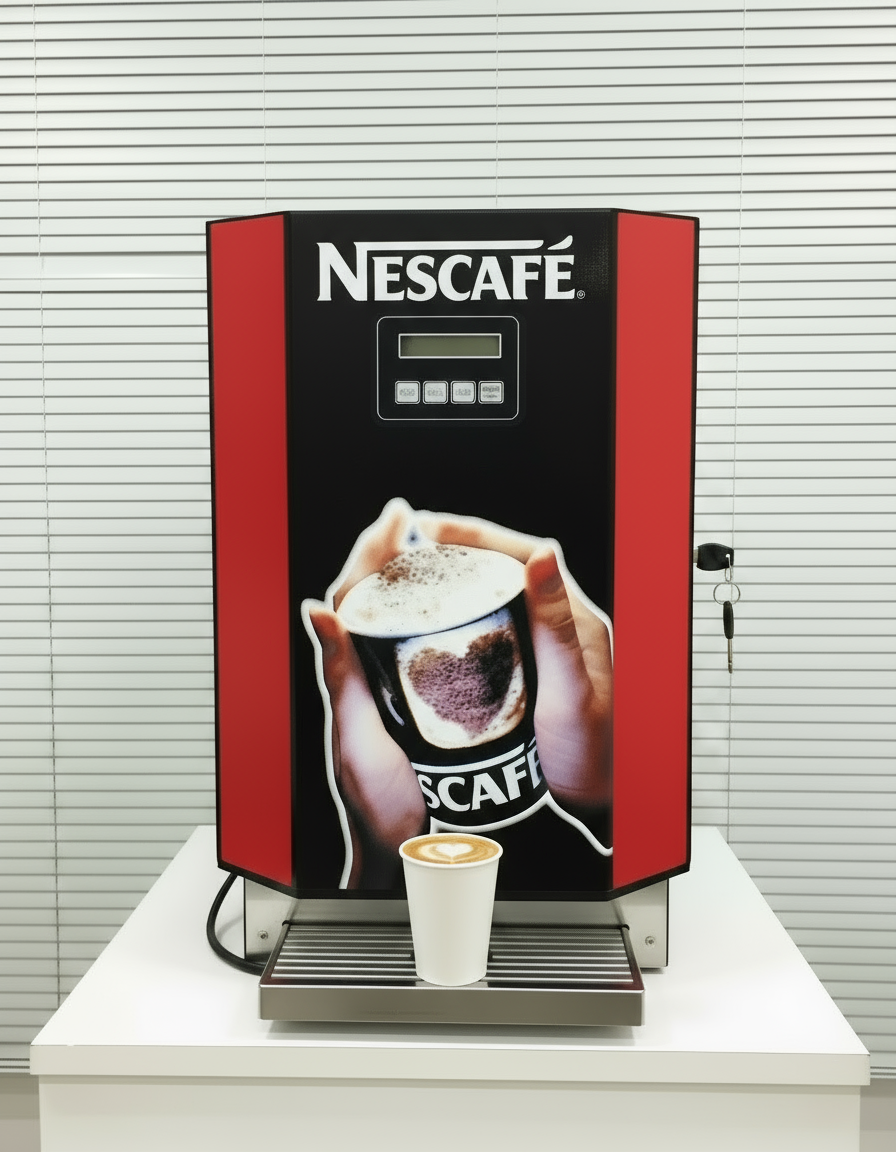 Nescafe smart coffee vending machine with digital display and cup of coffee on tray