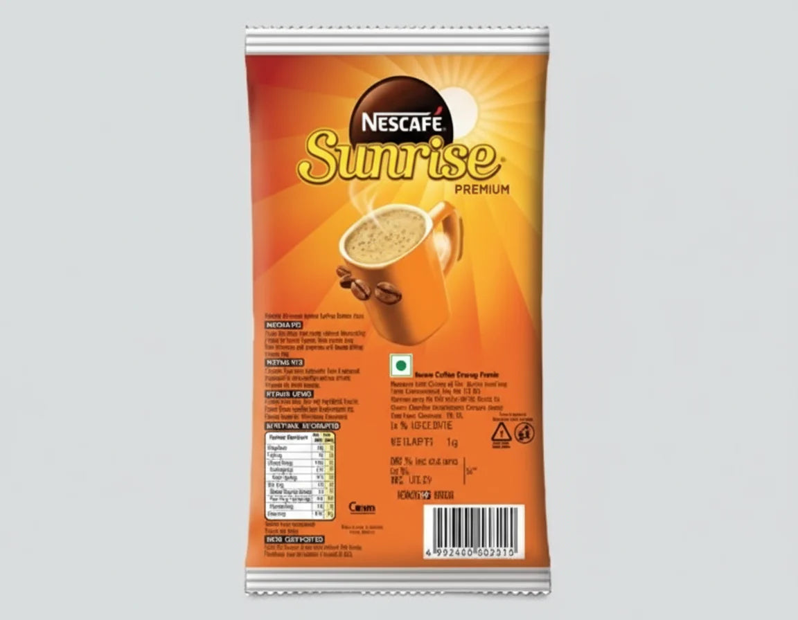 Nescafe Sunrise coffee premix packet with orange and brown design from atlantisplus.com