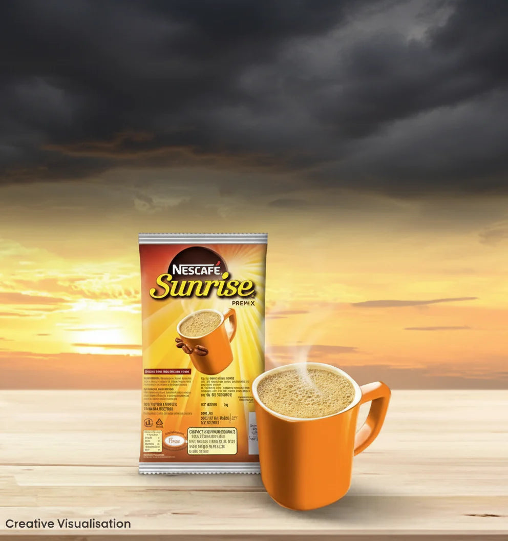 Nescafe Sunrise coffee premix sachet with steaming cup of coffee on wooden surface at sunrise