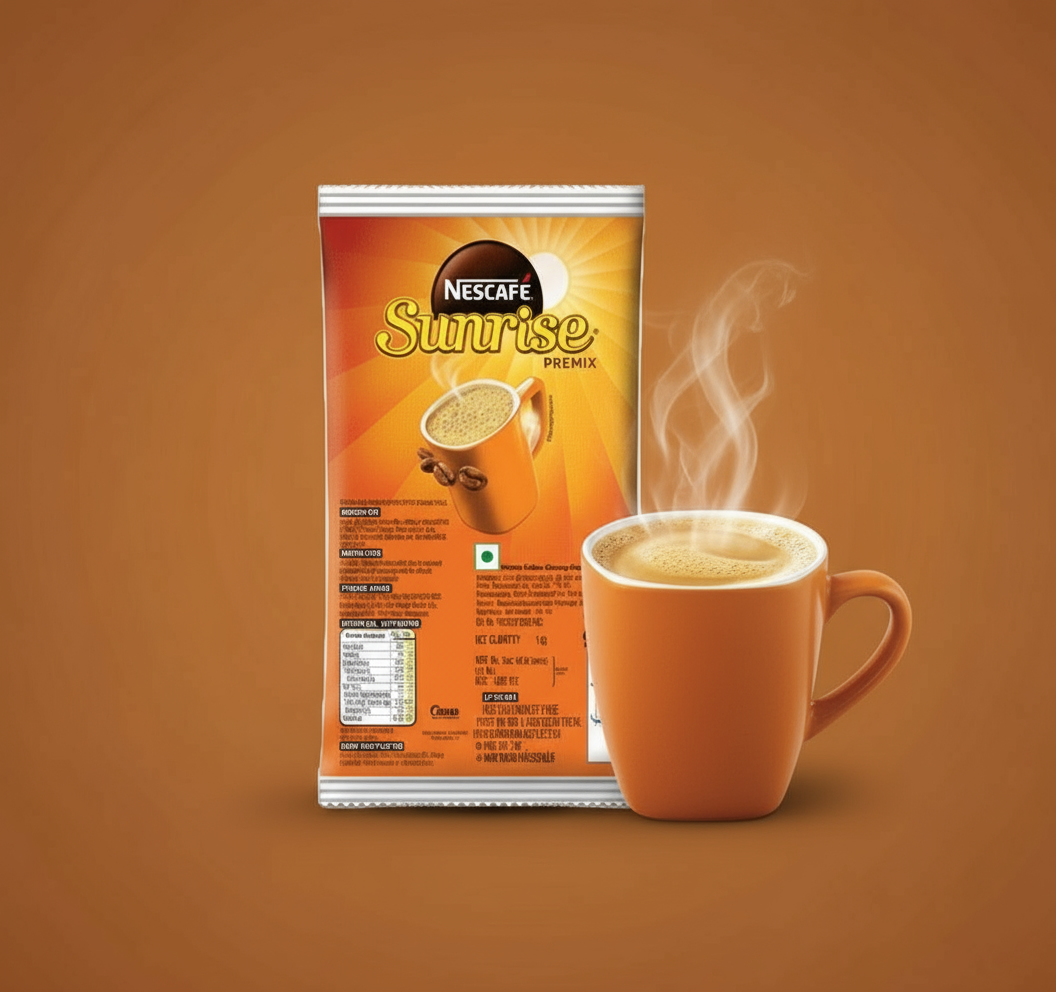 Nescafe Sunrise coffee premix packet with steaming cup of coffee on brown background