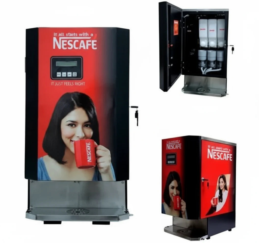 Nescafe vending machine with UPI payment option featuring a red design and woman drinking coffee