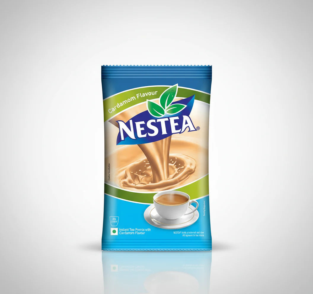 Nestea Masala Gold tea premix cardamom flavor instant tea with cup of tea on blue packaging