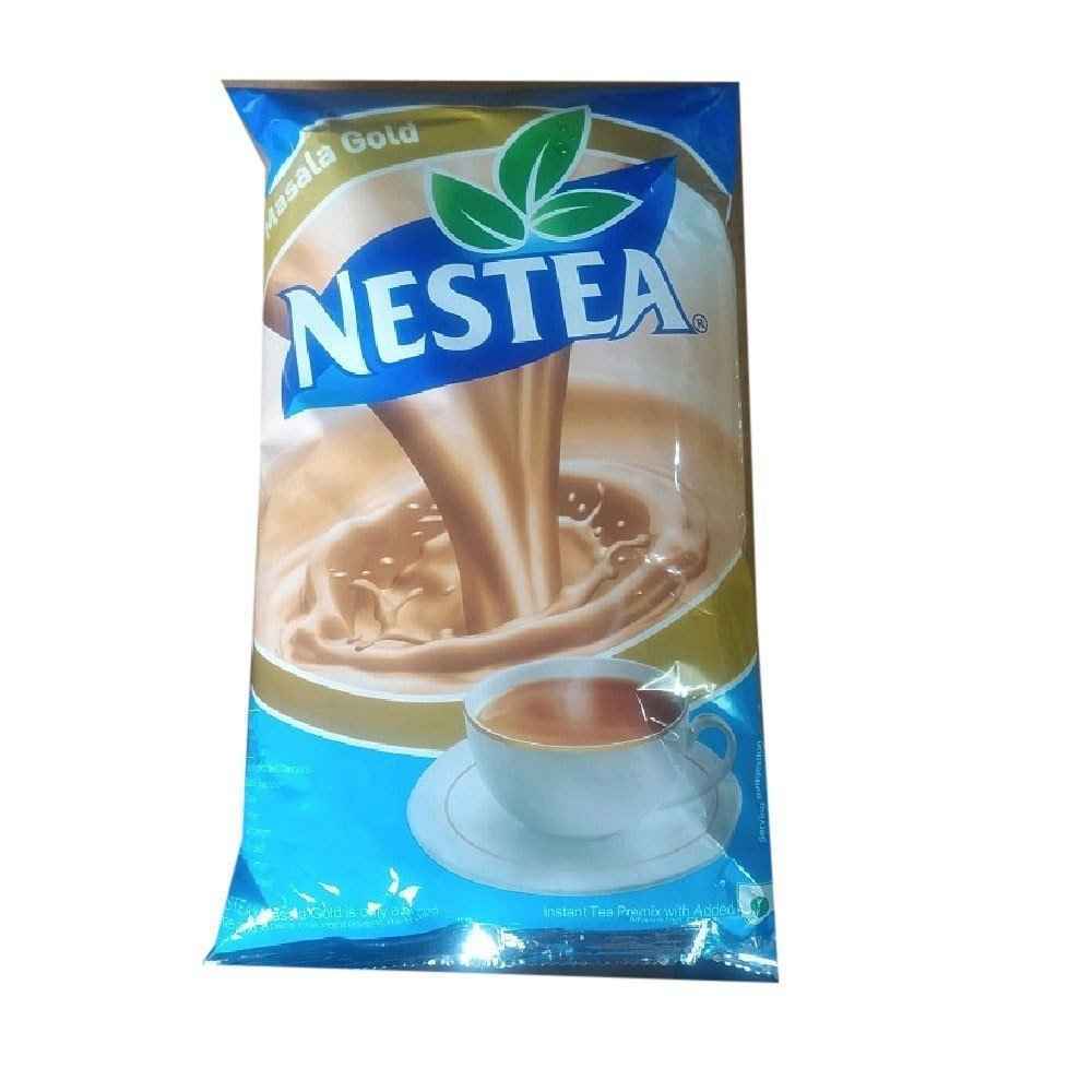 Nestea Masala Gold tea premix packet with cup of tea on blue and gold packaging