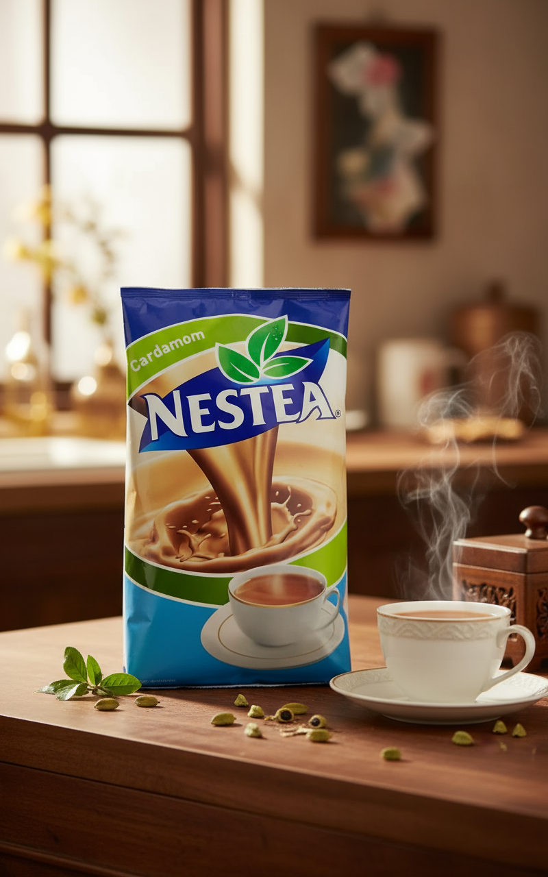Nestea Masala Gold tea premix pack with steaming cup of cardamom tea on wooden table