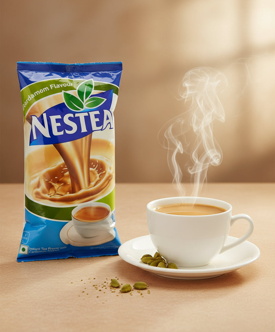 Nestea Masala Gold tea premix packet with steaming cup of cardamom flavored tea on saucer