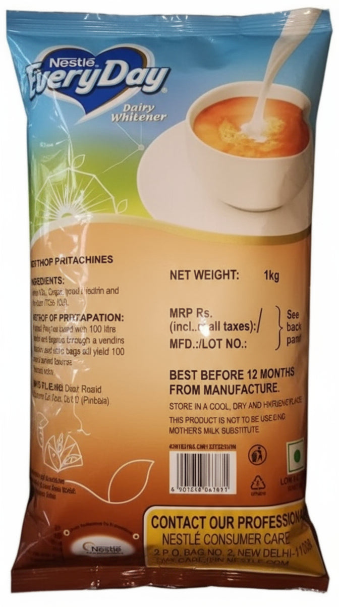 Nestle Everyday dairy whitener 1kg pouch with image of cup of tea and pouring milk