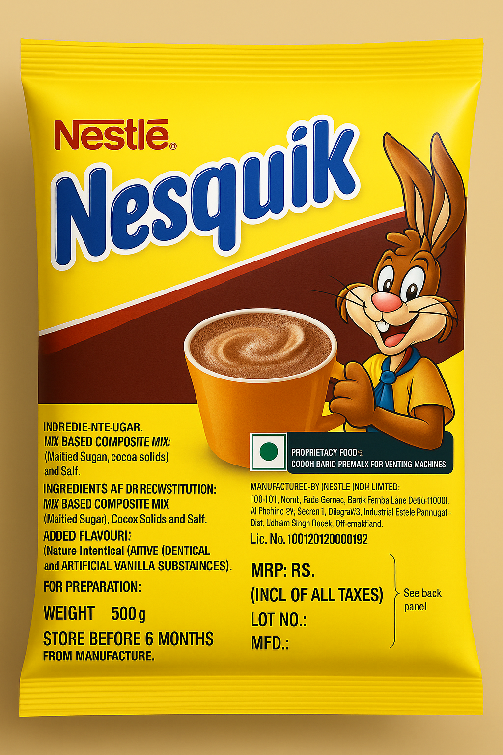 Nestle Nesquik 500g hot chocolate mix yellow packaging with chocolate swirl drink and Nesquik bunny mascot