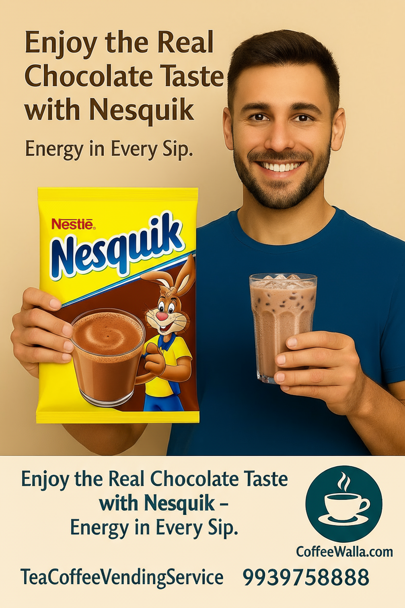 Smiling man holding Nesquik 500g hot chocolate mix packet and a glass of chocolate drink