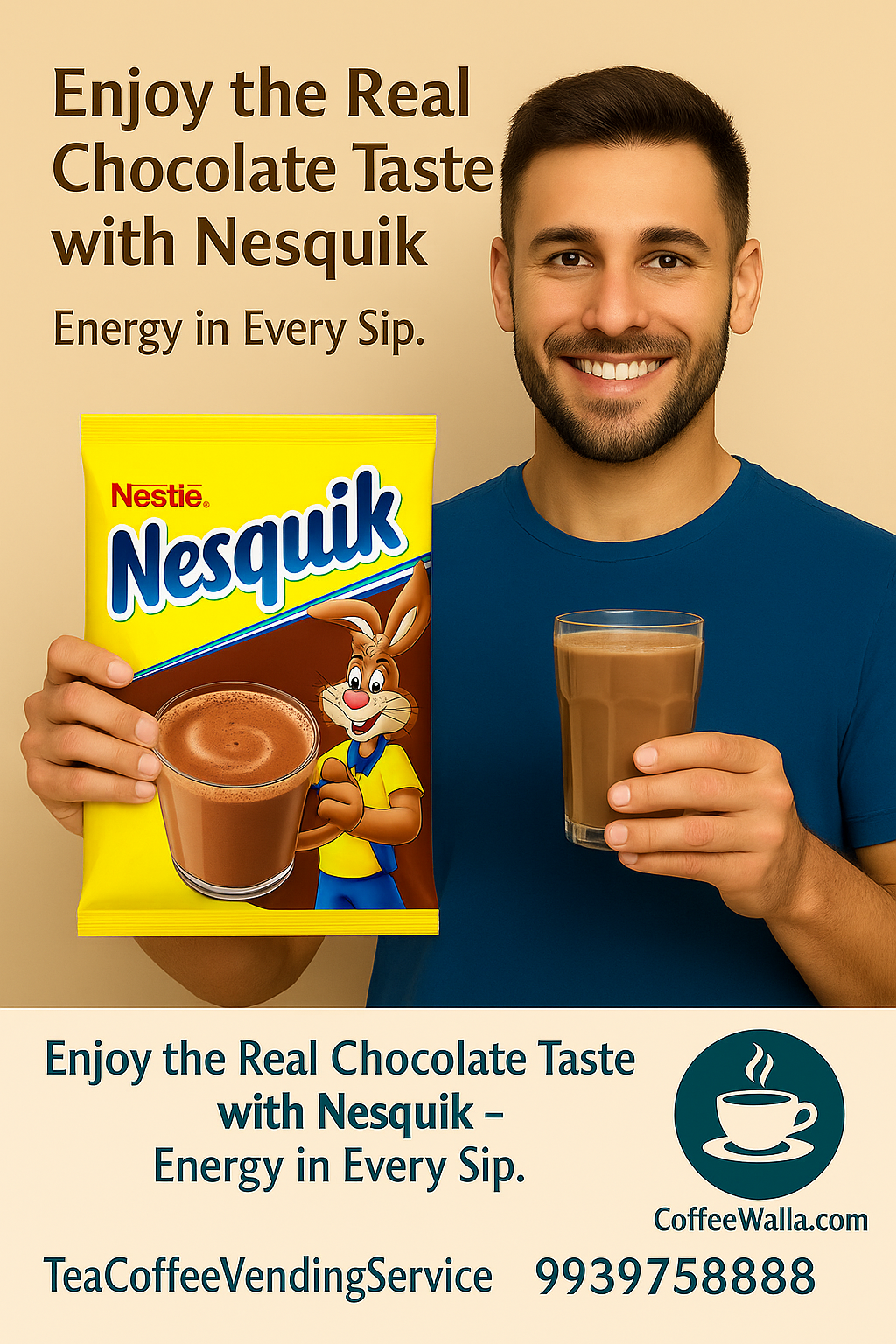 Man holding Nesquik 500g hot chocolate mix packet and glass of prepared hot chocolate drink