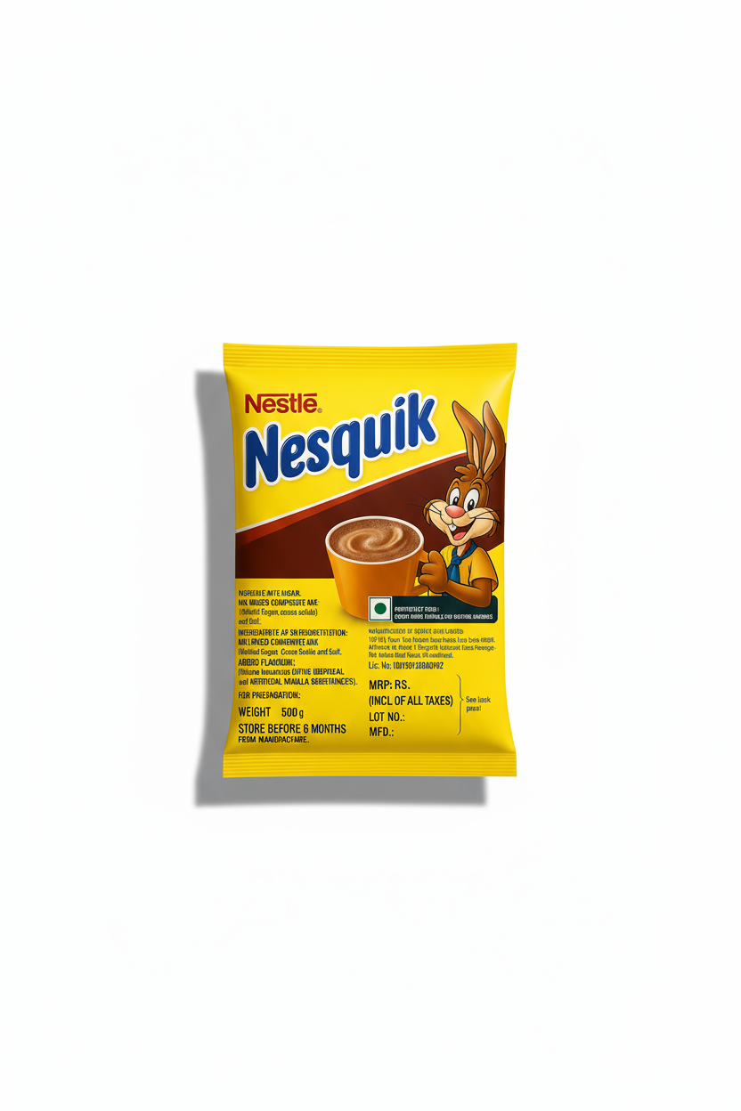 Nesquik 500g hot chocolate mix yellow packet with cocoa drink and Nesquik bunny mascot