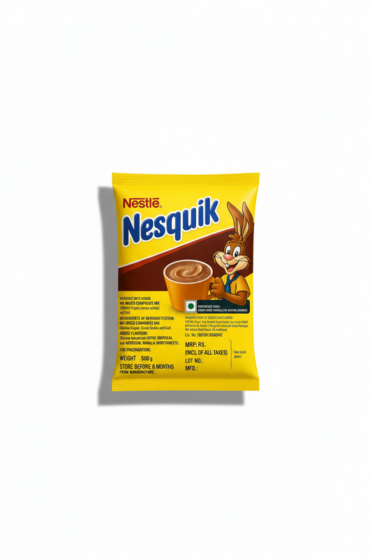 Nesquik hot chocolate mix 500g yellow packet with Nesquik bunny mascot and chocolate drink