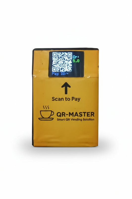 Yellow QR-MASTER smart vending machine with UPI WiFi vending machine payment solution and scan to pay display