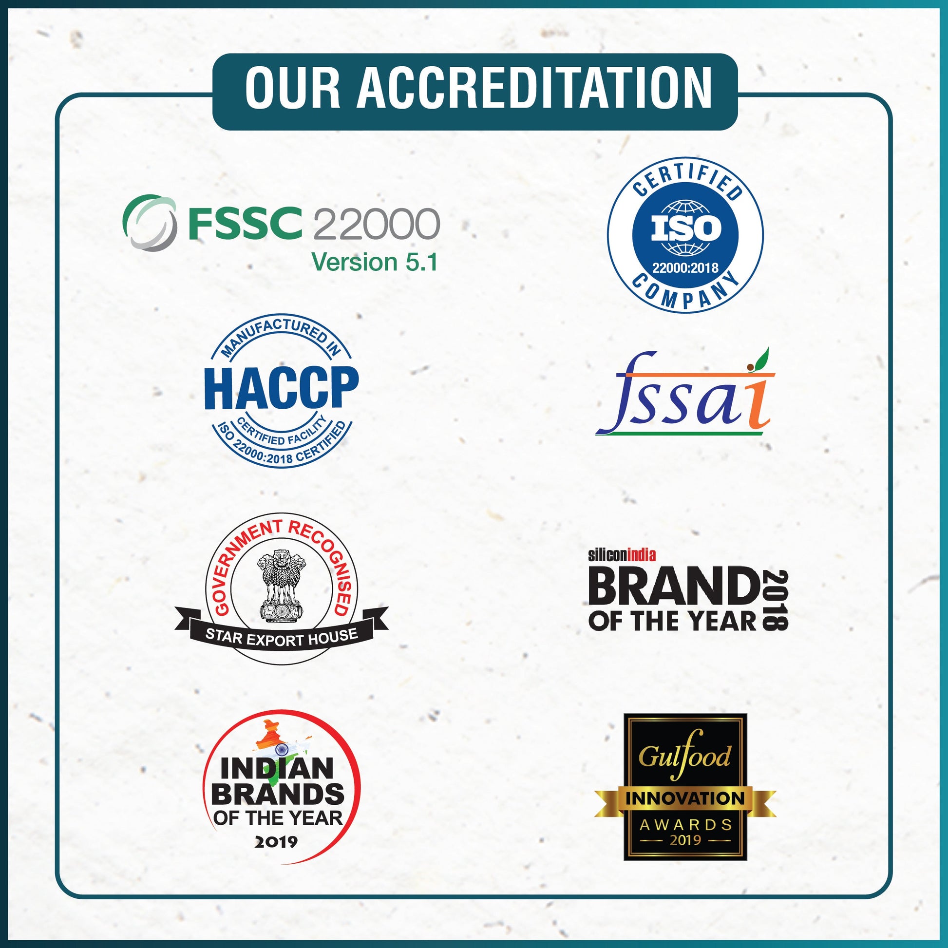 Accreditation logos including FSSC 22000, ISO 22000, HACCP, FSSAI, Indian Brands, and Gulfood Innovation Awards