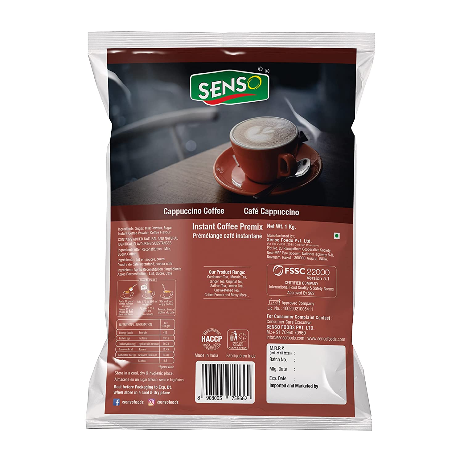 Senso Cappuccino Coffee Premix 3 in 1 Instant vending machine 1Kg - COFFEE WALLA CALL ANY REQUIREMENT 99397588888 24*7
