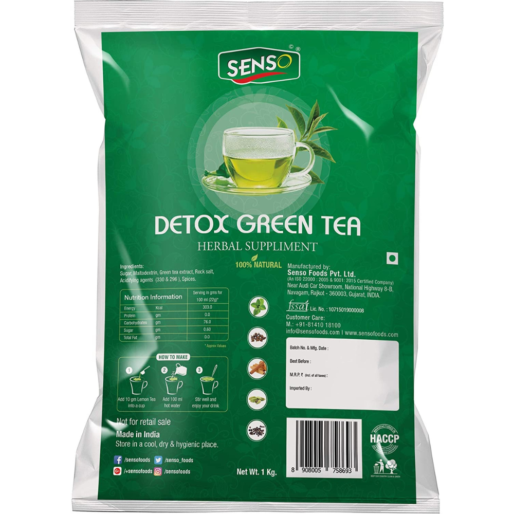 SENSO green tea powder Detox Green Tea herbal supplement 1 kg pack by TEA COFFEE VENDING SERVICE