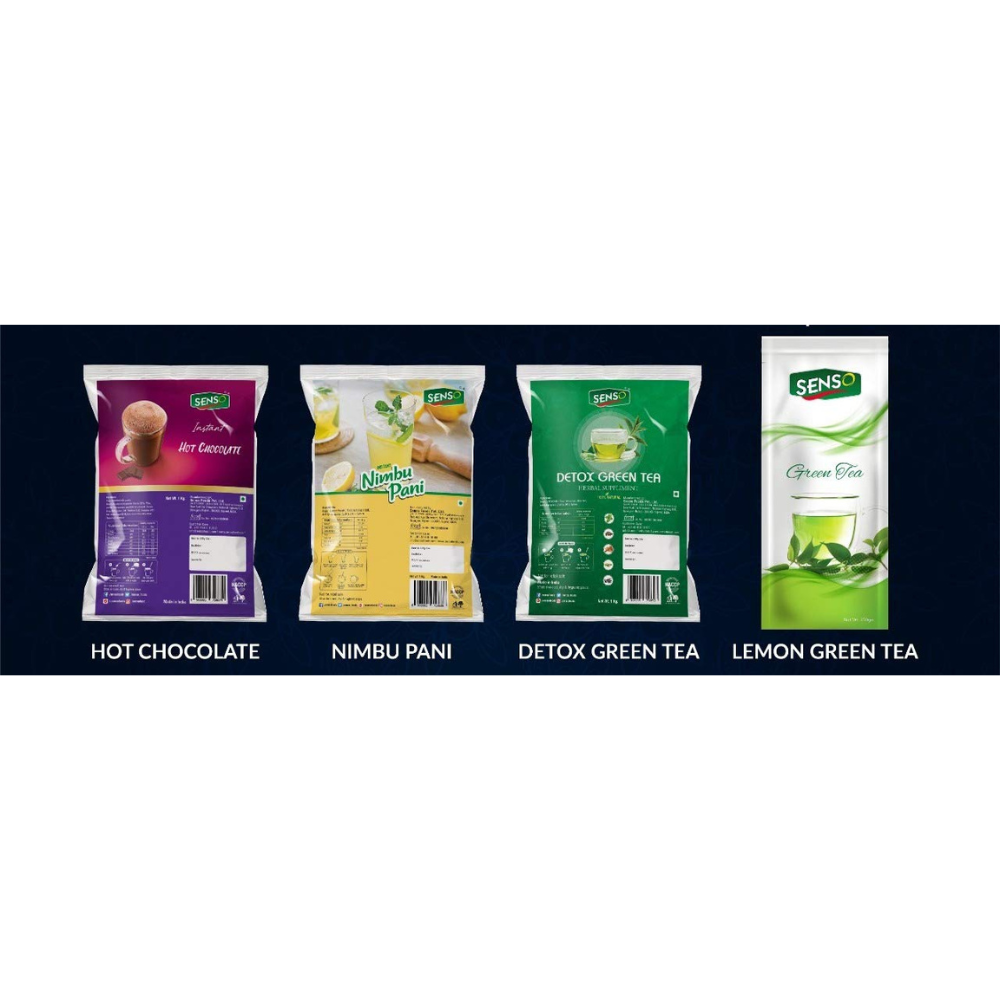 Four SENSO beverage powder packets including SENSO green tea powder and other flavors