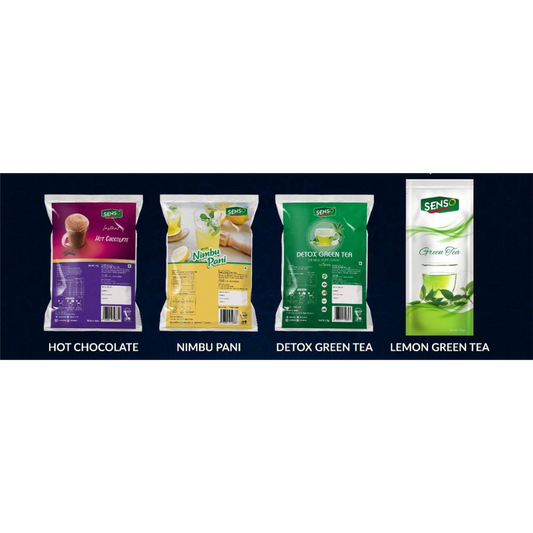 Four SENSO beverage powder packets including SENSO green tea powder and other flavors