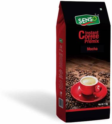 Senso Instant Coffee Premix 1kg Mocha pack with red cup of coffee and coffee beans on wooden surface