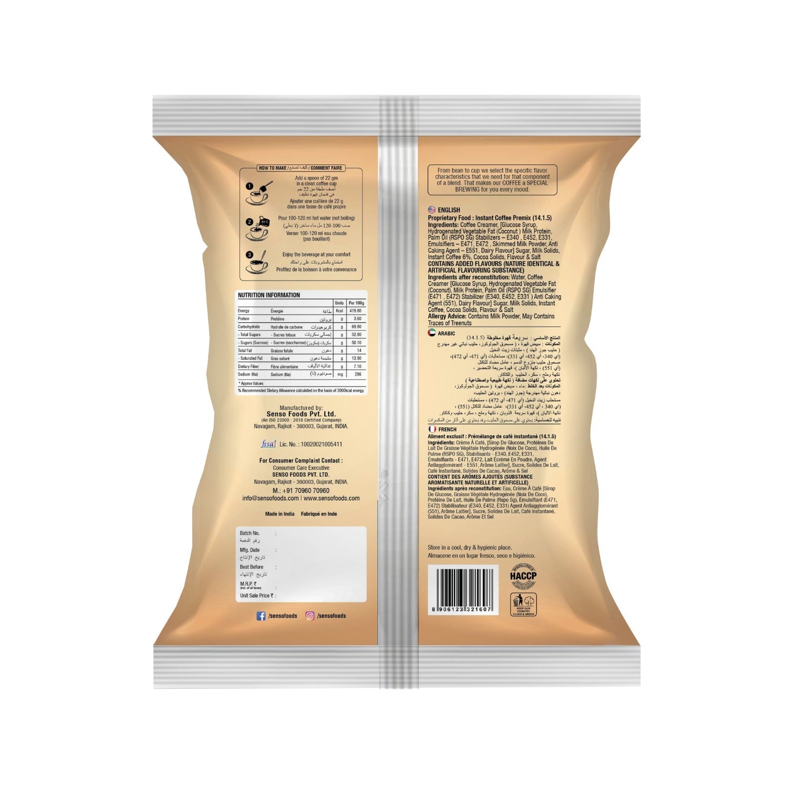 Back view of Senso Instant Coffee Premix Hazelnut packet showing ingredients and nutrition information