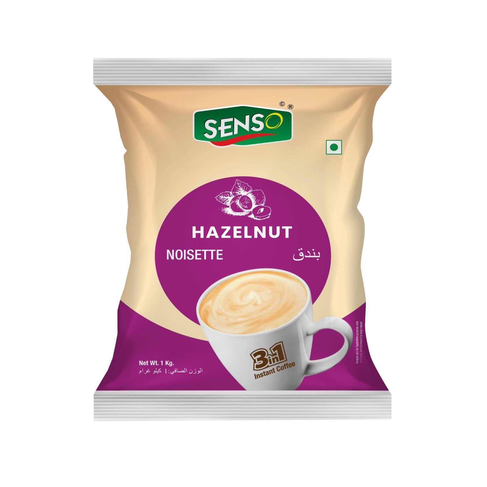Senso Instant Coffee Premix Hazelnut 3 in 1 pack with creamy coffee cup image