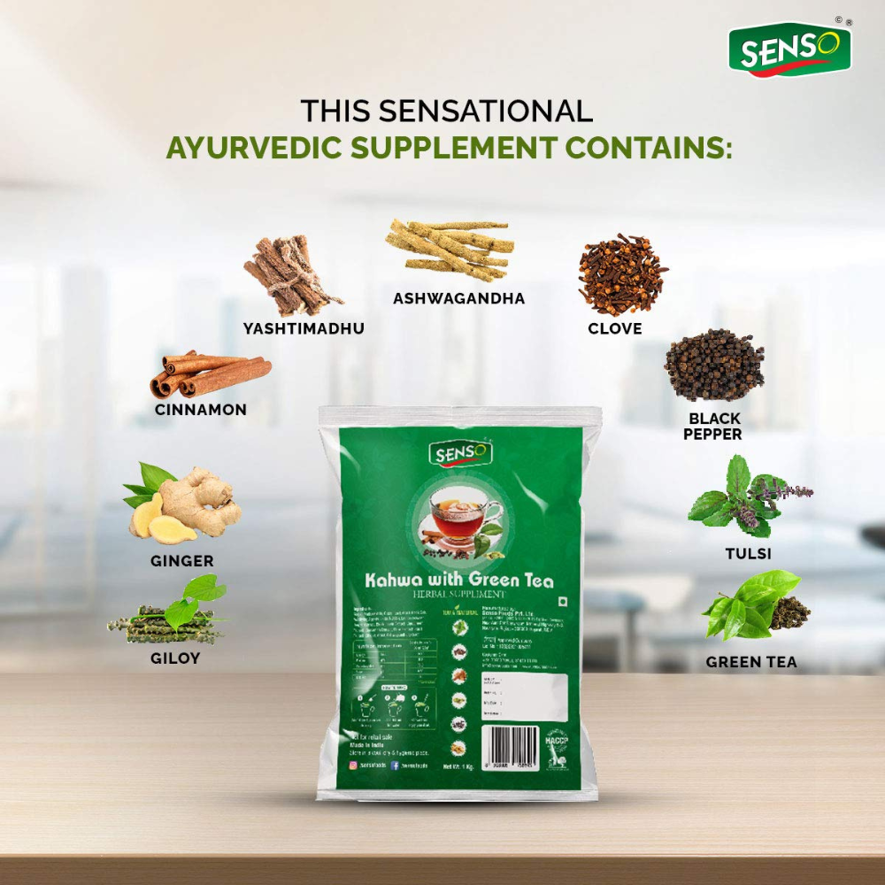 SENSO Instant Kahwa with Green Tea ayurvedic supplement featuring ingredients like ginger, cinnamon, tulsi, and black pepper