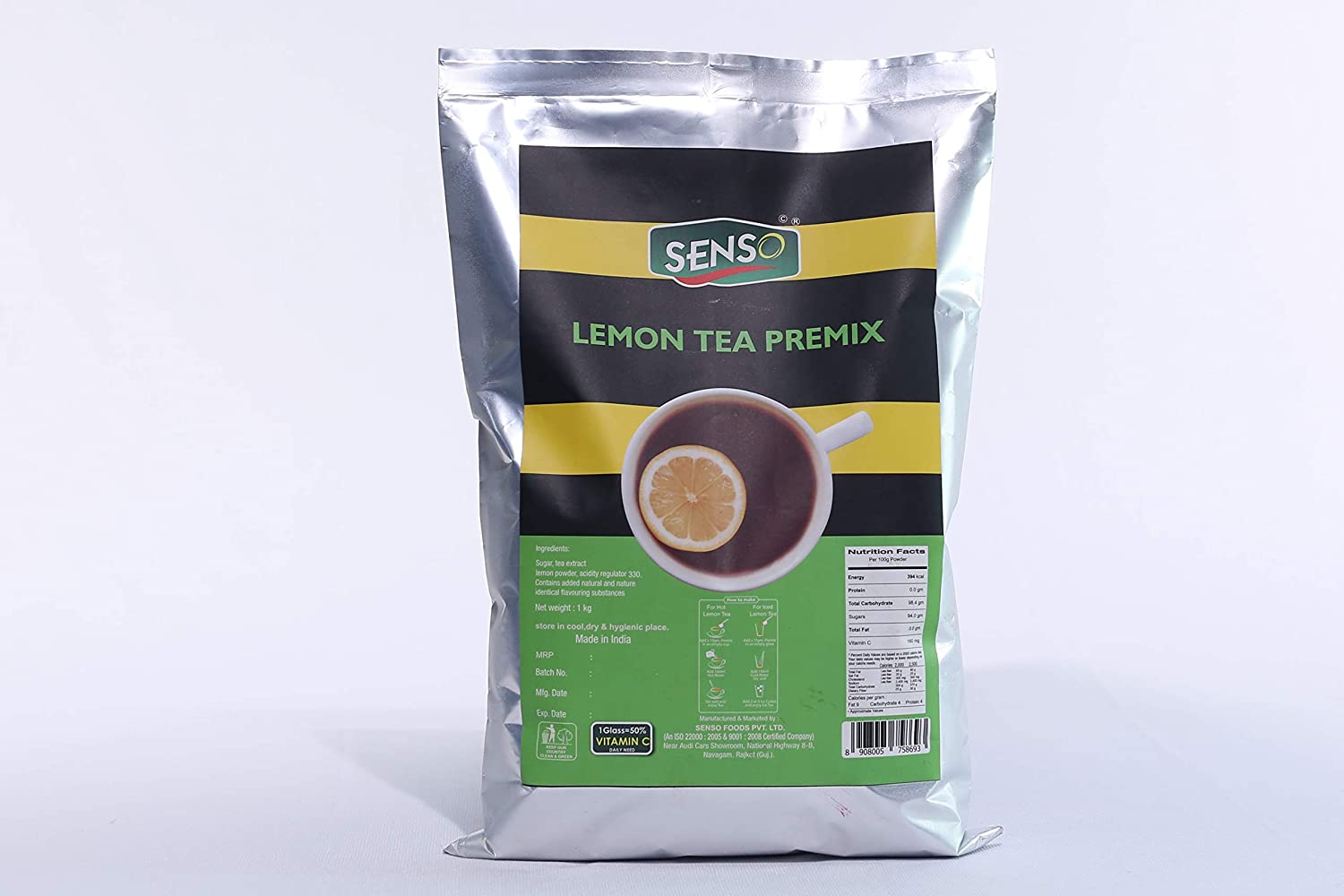 Senso lemon tea premix in silver foil packaging with green and yellow label and a cup of lemon tea image
