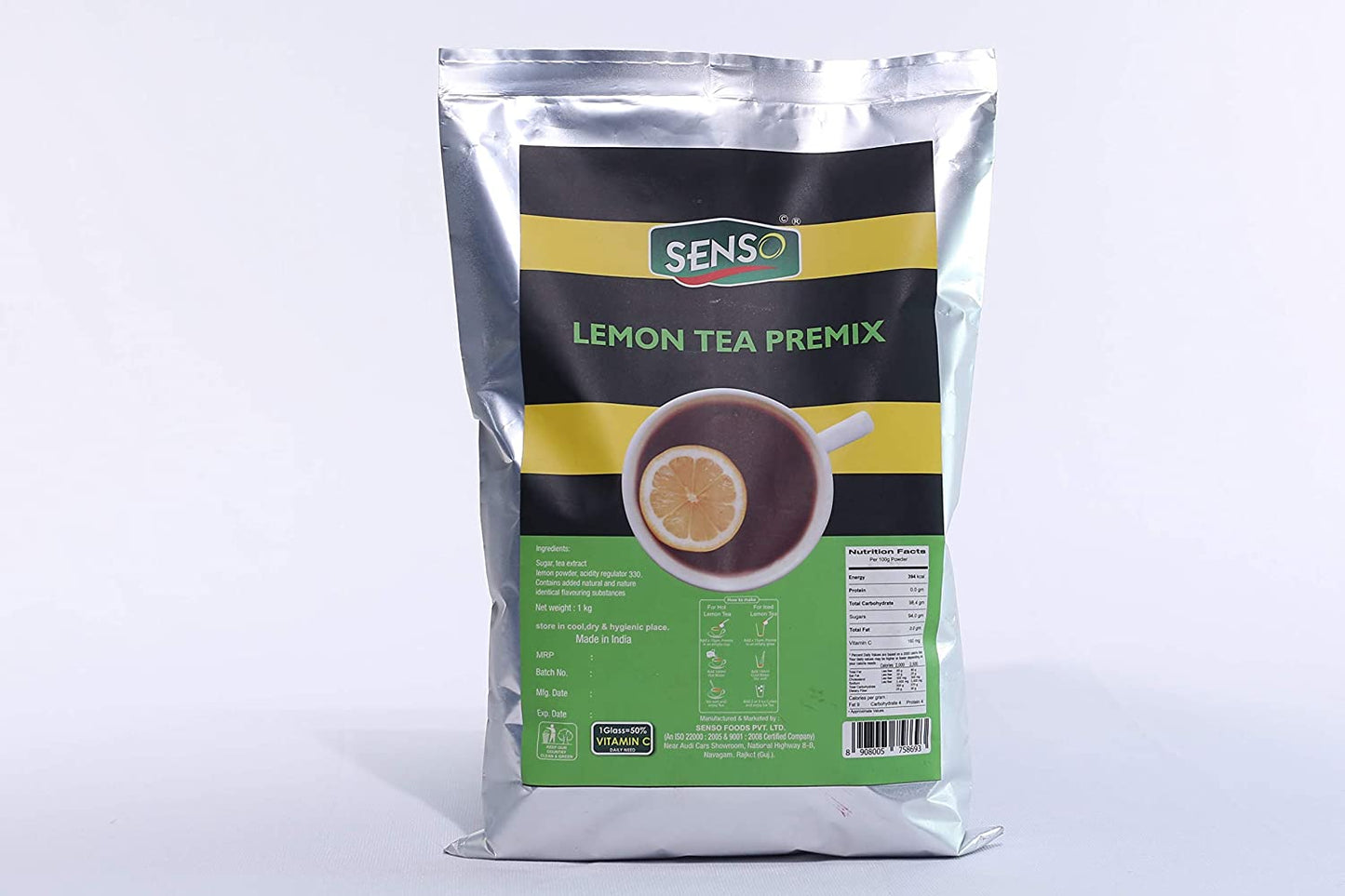 Senso lemon tea premix silver pouch with green label showing a cup of lemon tea with lemon slice