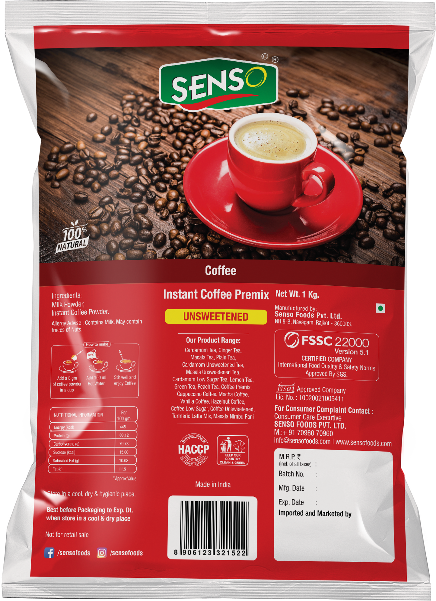 Senso Regular Coffee instant coffee premix 1 kg pack with red cup on wooden surface