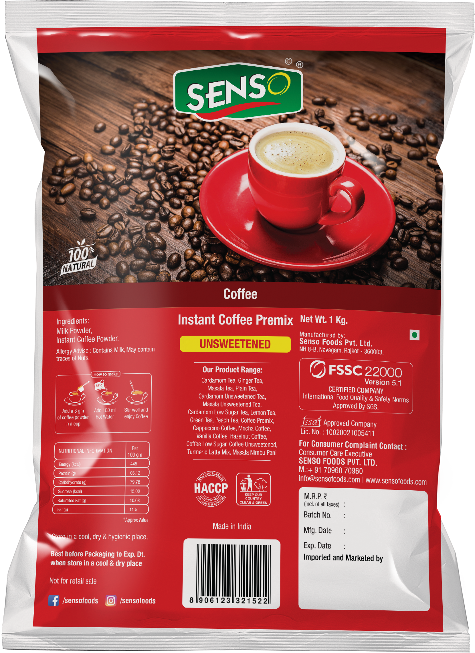 Senso Regular Coffee instant coffee premix pack with red cup and coffee beans background